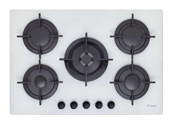 PIANO COTTURA CANDY CVG75SWGB GAS 5 FUOCHI 75 CM GRIGLIE IN GHISA ACCENSIONE ELETTRONICA VETRO TEMPERATO BIANCO