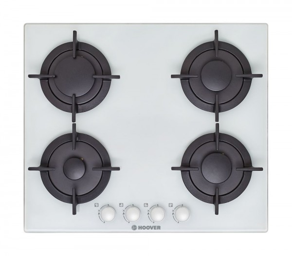 PIANO COTTURA HOOVER HGV 64 SCW GAS 4 FUOCHI 60 CM GRIGLIE IN GHISA VETRO BIANCO