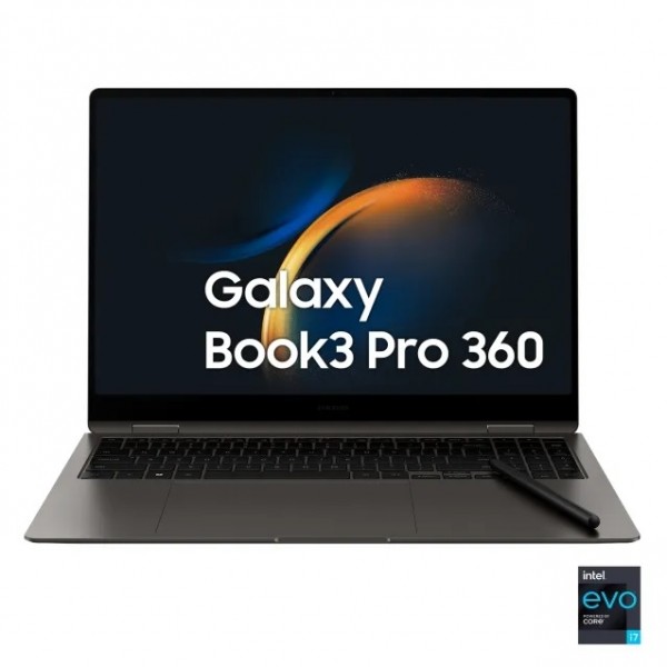 NOTEBOOK SAMSUNG GALAXY BOOK3 PRO 360 NP960QFG KA3IT 16" TOUCH SCREEN INTEL CORE I7 1360P 16 GB LPDDR5 512 GB NVMe SSD INTEL IRIS XE GRAPHICS WEBCAM S PEN WIFI BLUETOOTH WINDOWS 11 HOME GRAPHITE