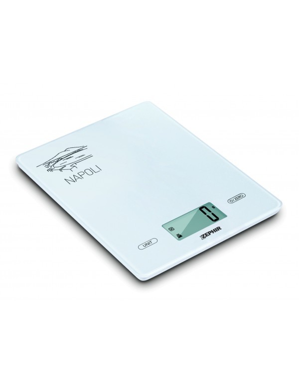 BILANCIA DIGITALE DA CUCINA ZEPHIR ZHS438N 5 KG IN VETRO SERIGRAFIA CITTA' DI NAPOLI SPEGNIMENTO AUTOMATICO BIANCO