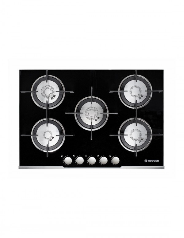 PIANO COTTURA HOOVER H-HOB 700 HGV75SXVB 75 CM GAS 5 FUOCHI GHISA VETRO TEMPERATO NERO